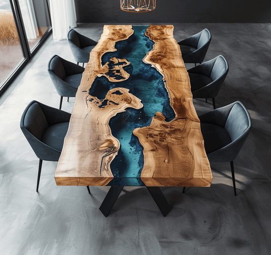 Table personnalisée en résine époxy en chêne « Ocean's Embrace »