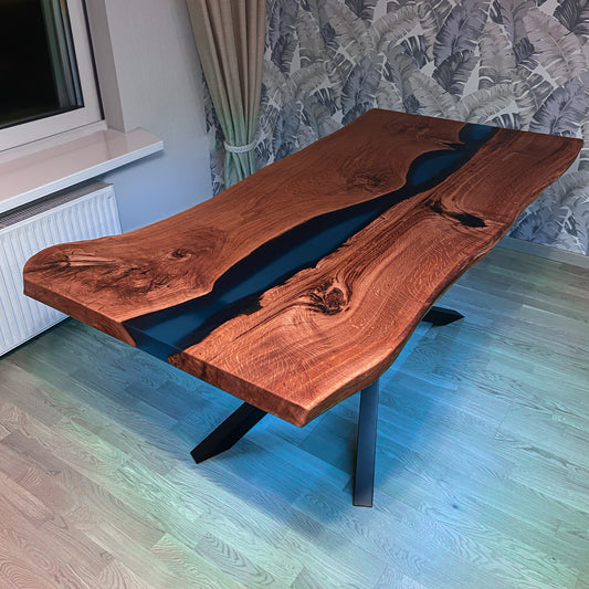 Custom Oak Epoxy Resin Table with LED Ambiance